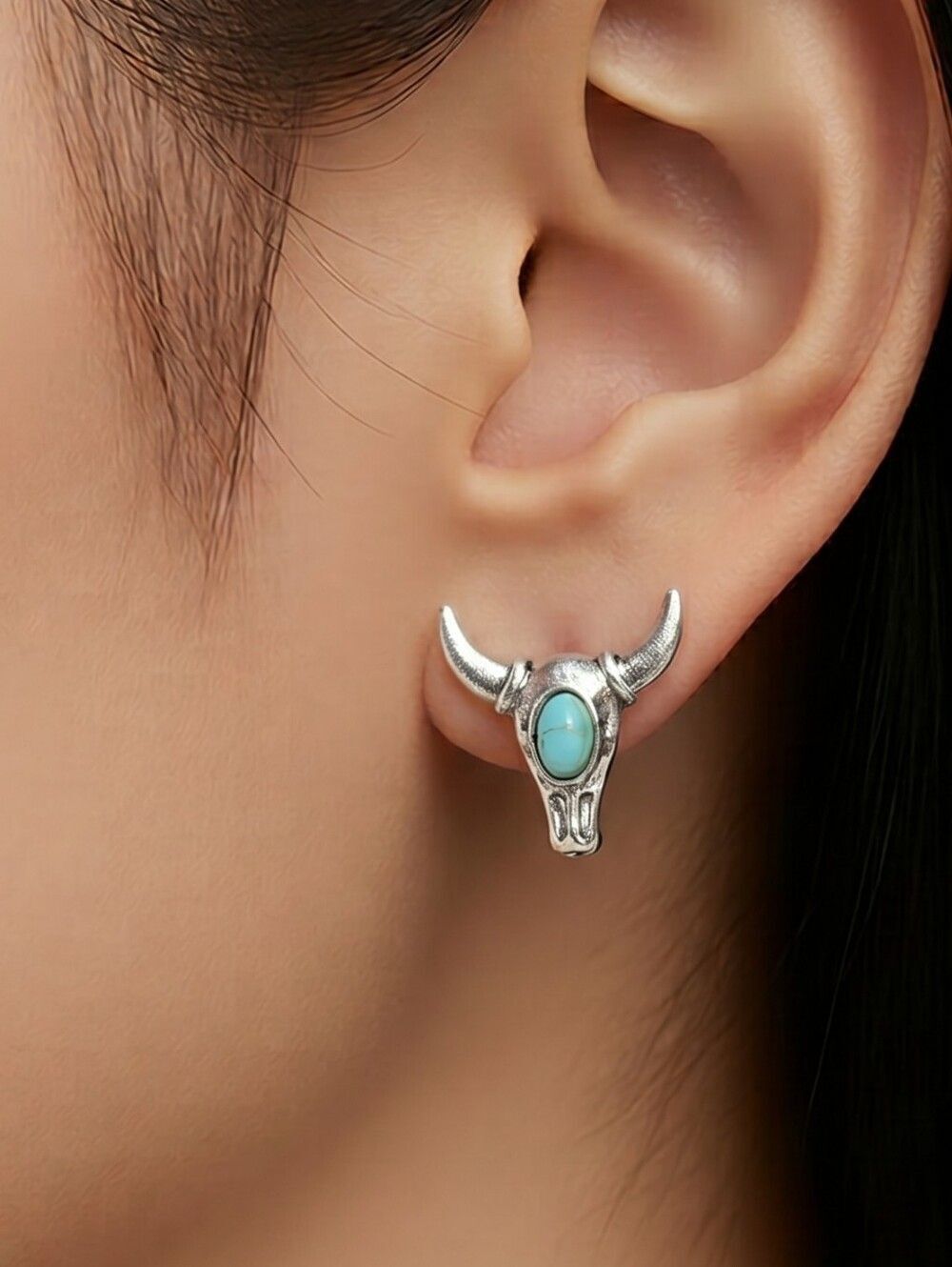 Silver Bull Skull Earrings Turquoise Accent Western Revival Stud Desert Cowgirl